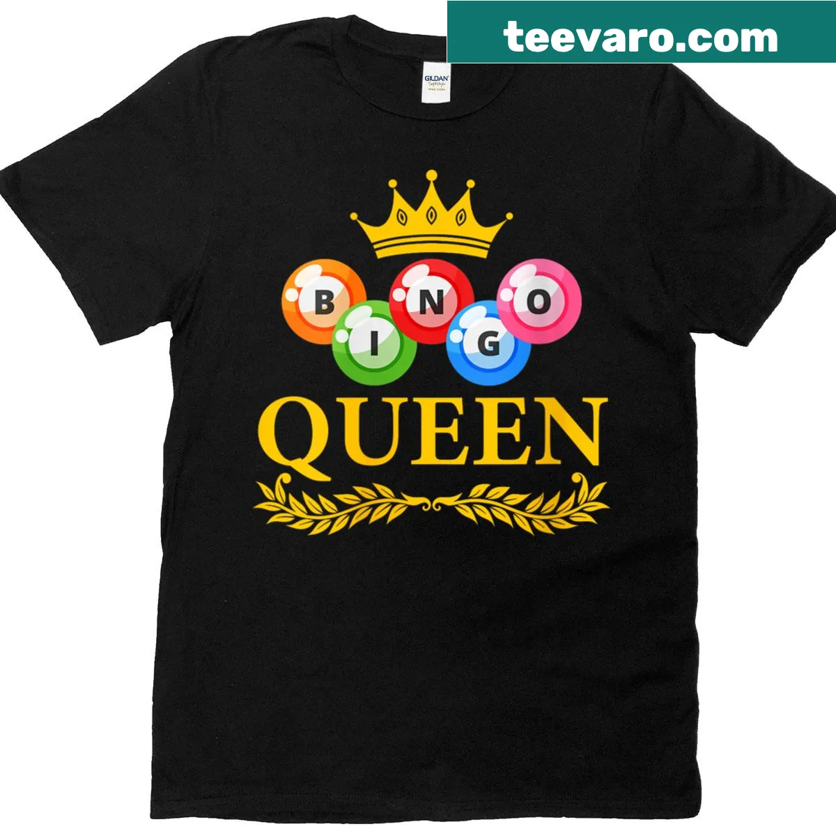 Bingo Queen T-shirt with colorful balls and crown design — on a men's t-shirt
