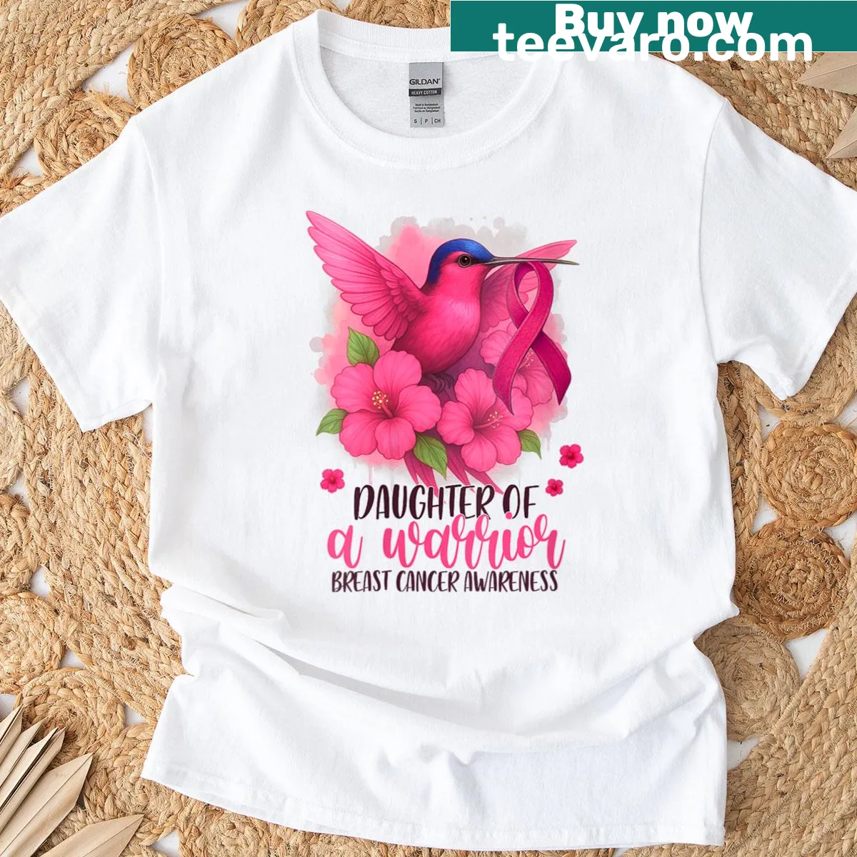 Breast Cancer Awareness t-shirt with 'Daughter Of A Warrior' text — on a men's t-shirt