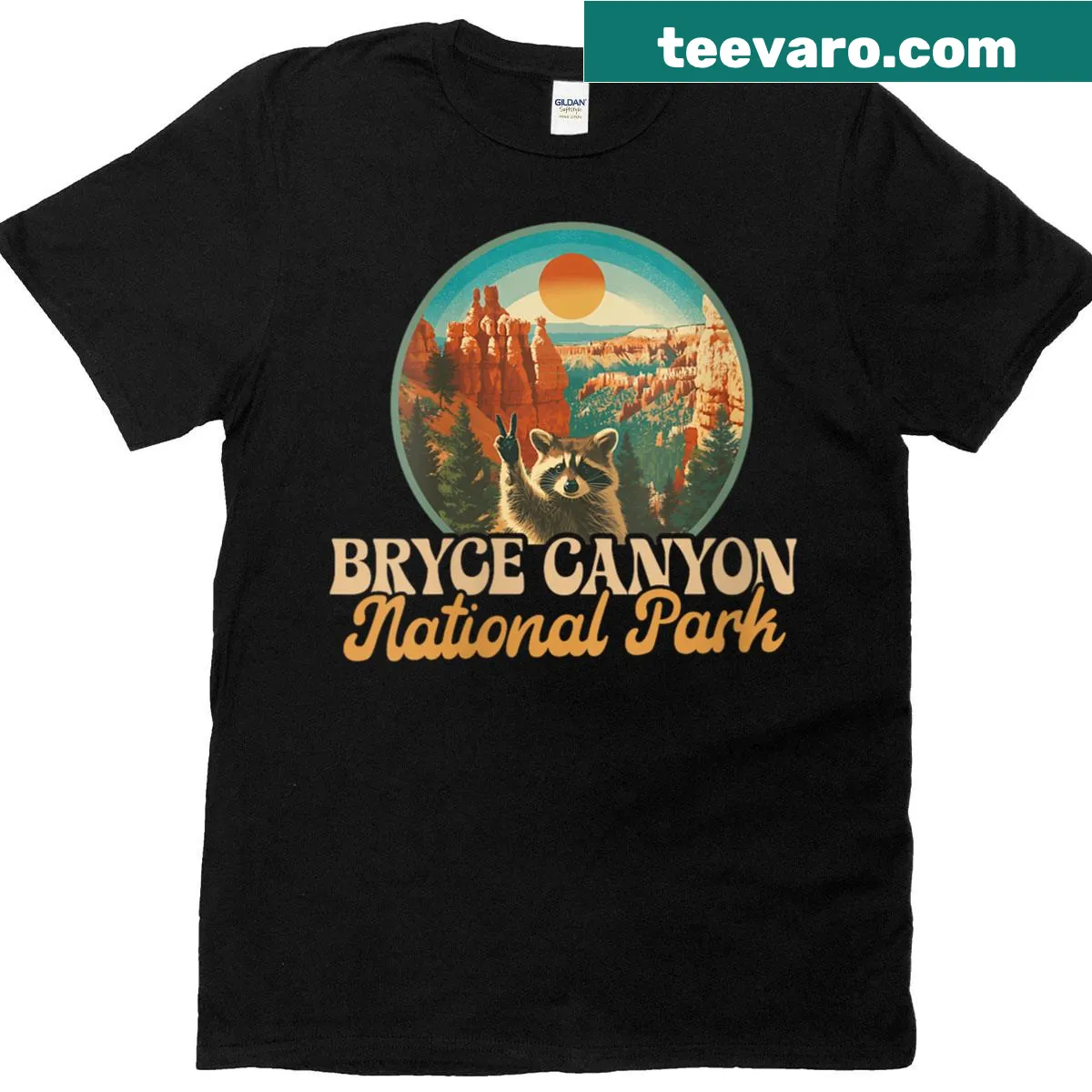 Illustration of Bryce Canyon with a raccoon on a T-shirt — on a men's t-shirt