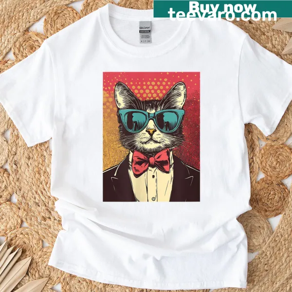 Retro cat in suit and bowtie graphic on t-shirt
