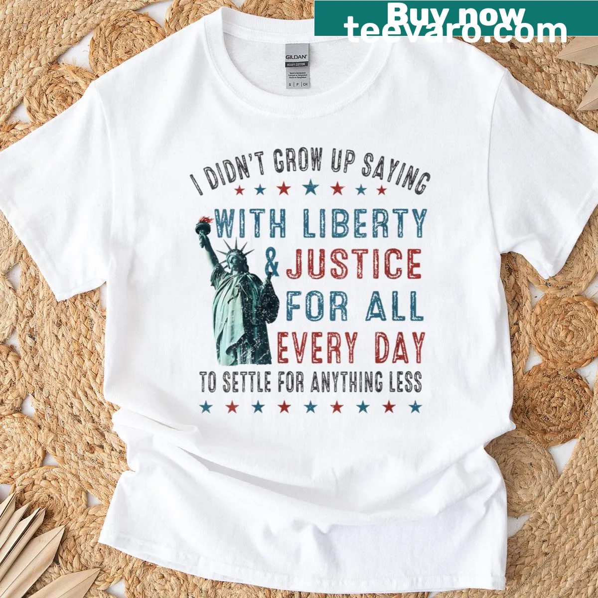 Sarcastic Fourth of July t-shirt with text about liberty and justice — on a men's t-shirt
