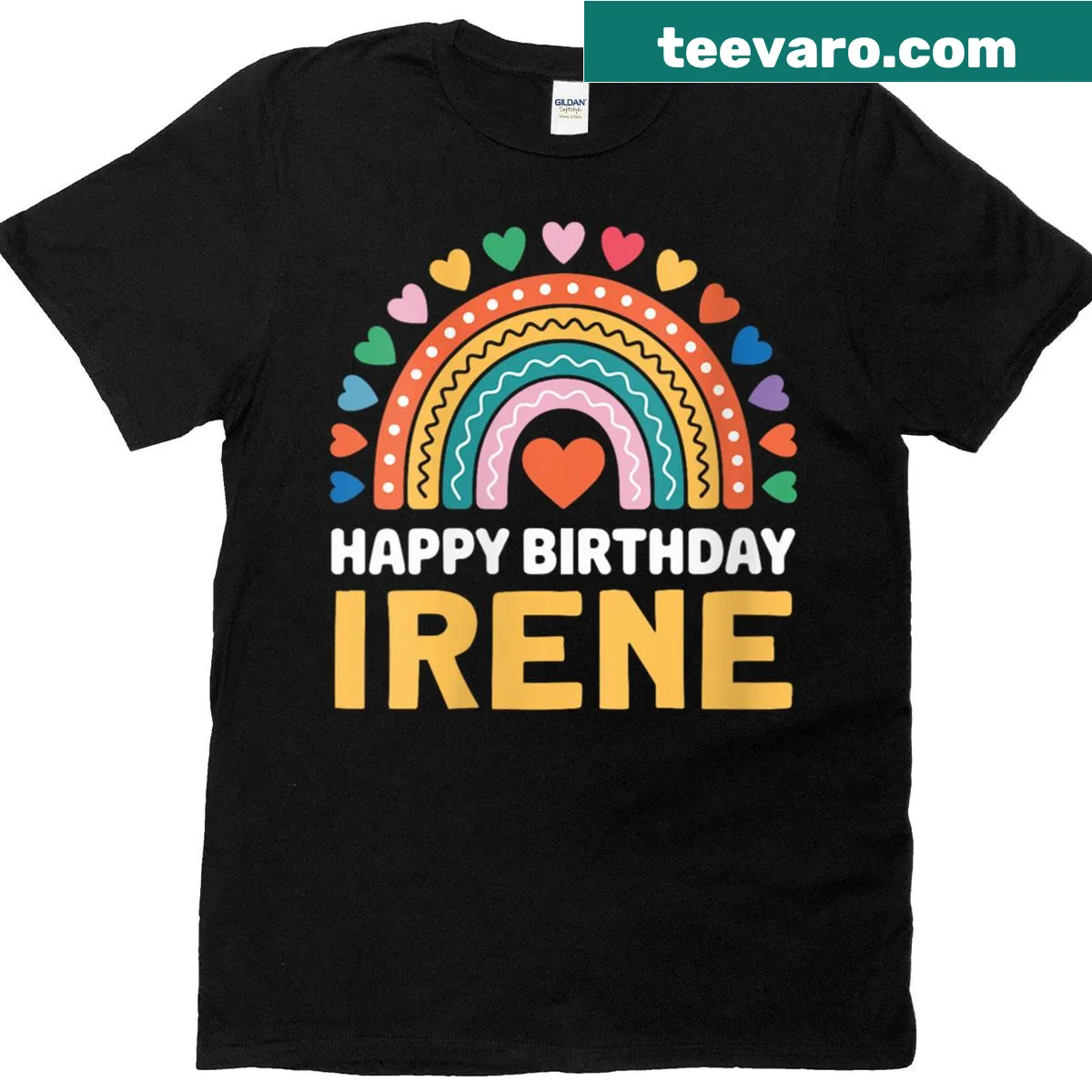 Happy Birthday Irene T-shirt with rainbow-themed text. — on a men's t-shirt
