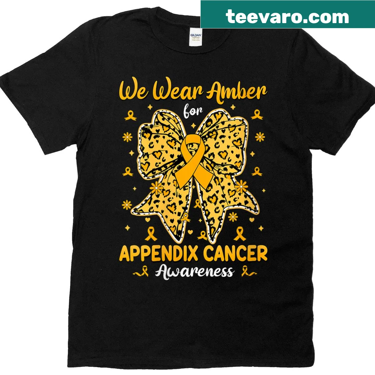 Leopard bow t-shirt for appendix cancer awareness — on a men's t-shirt