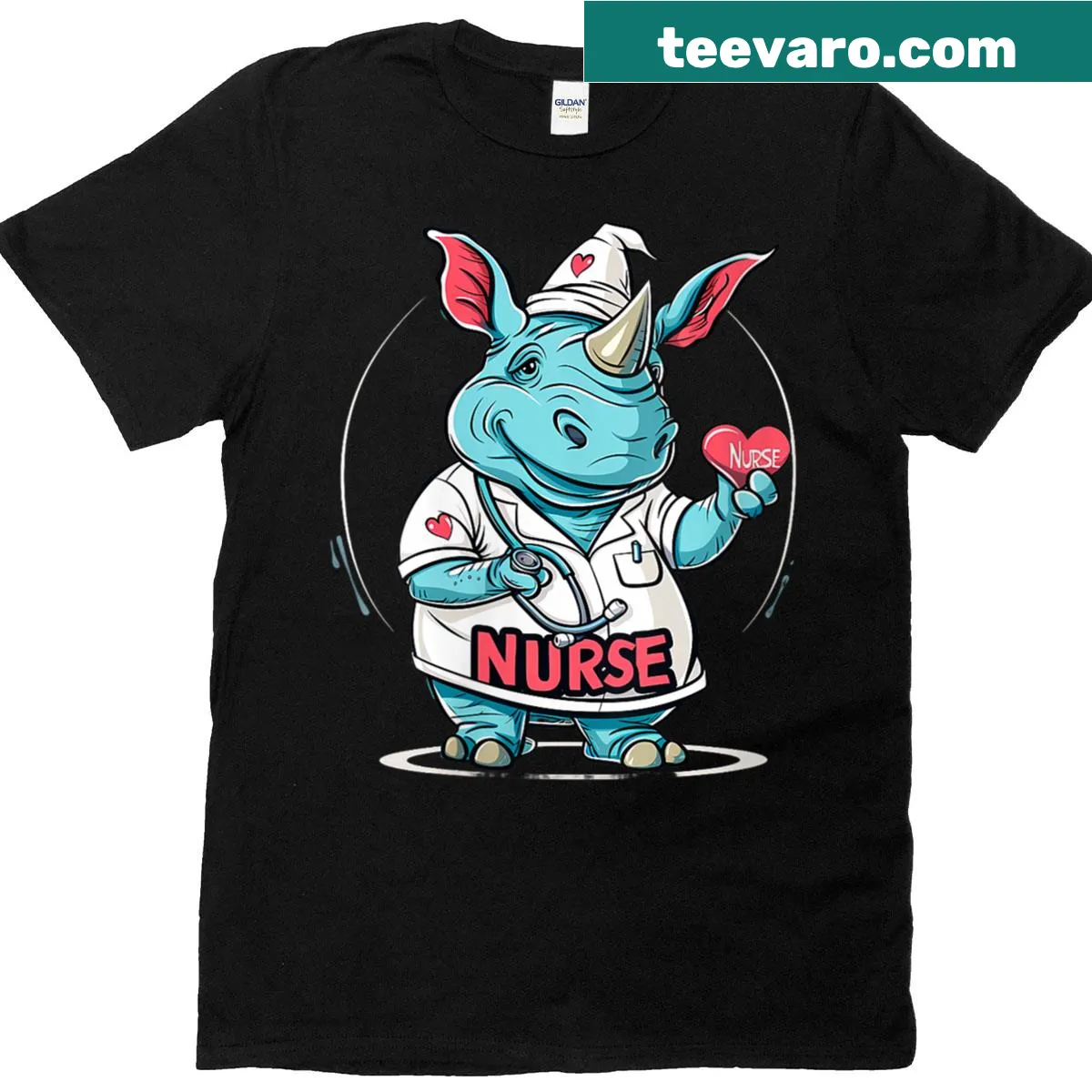Nurse-themed t-shirt featuring a rhinoceros with a stethoscope — on a men's t-shirt