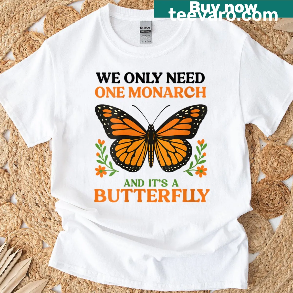 Butterfly-themed t-shirt with a nature-inspired message. — on a men's t-shirt