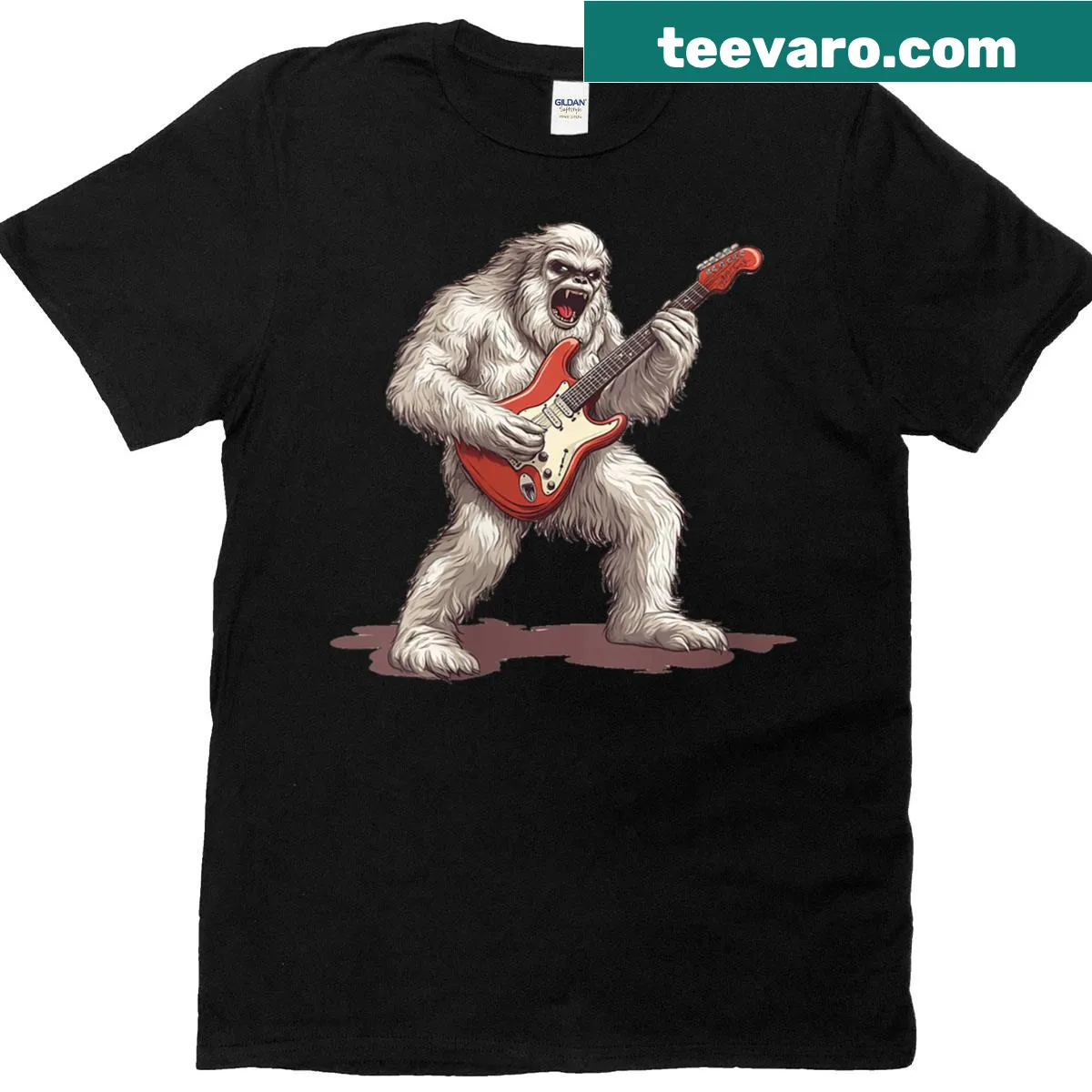 Bigfoot playing guitar graphic T-shirt — on a men's t-shirt