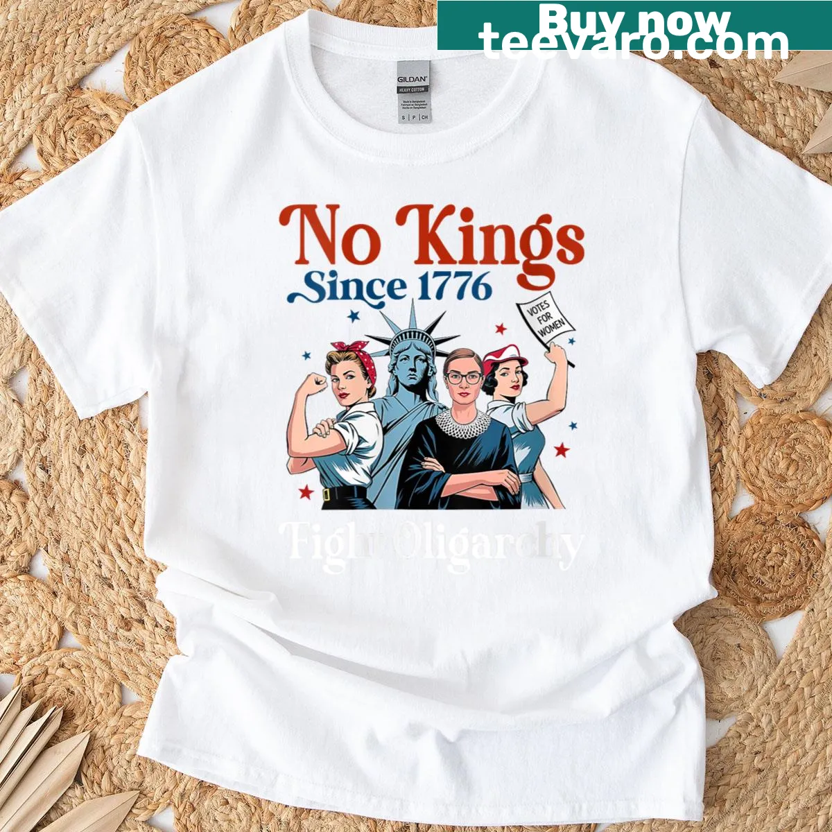 Feminist patriotic T-shirt with 'No Kings Fight Oligarchy' text. — on a men's t-shirt
