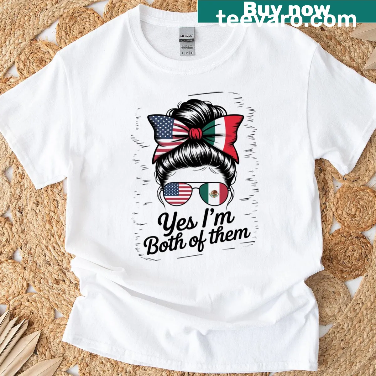 T-shirt celebrating American and Mexican heritage with flags and a messy bun — on a men's t-shirt