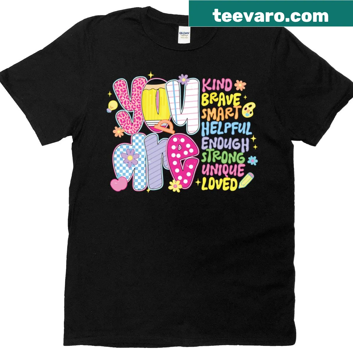 Uplifting T-shirt with affirmations about kindness, strength, and bravery — on a men's t-shirt