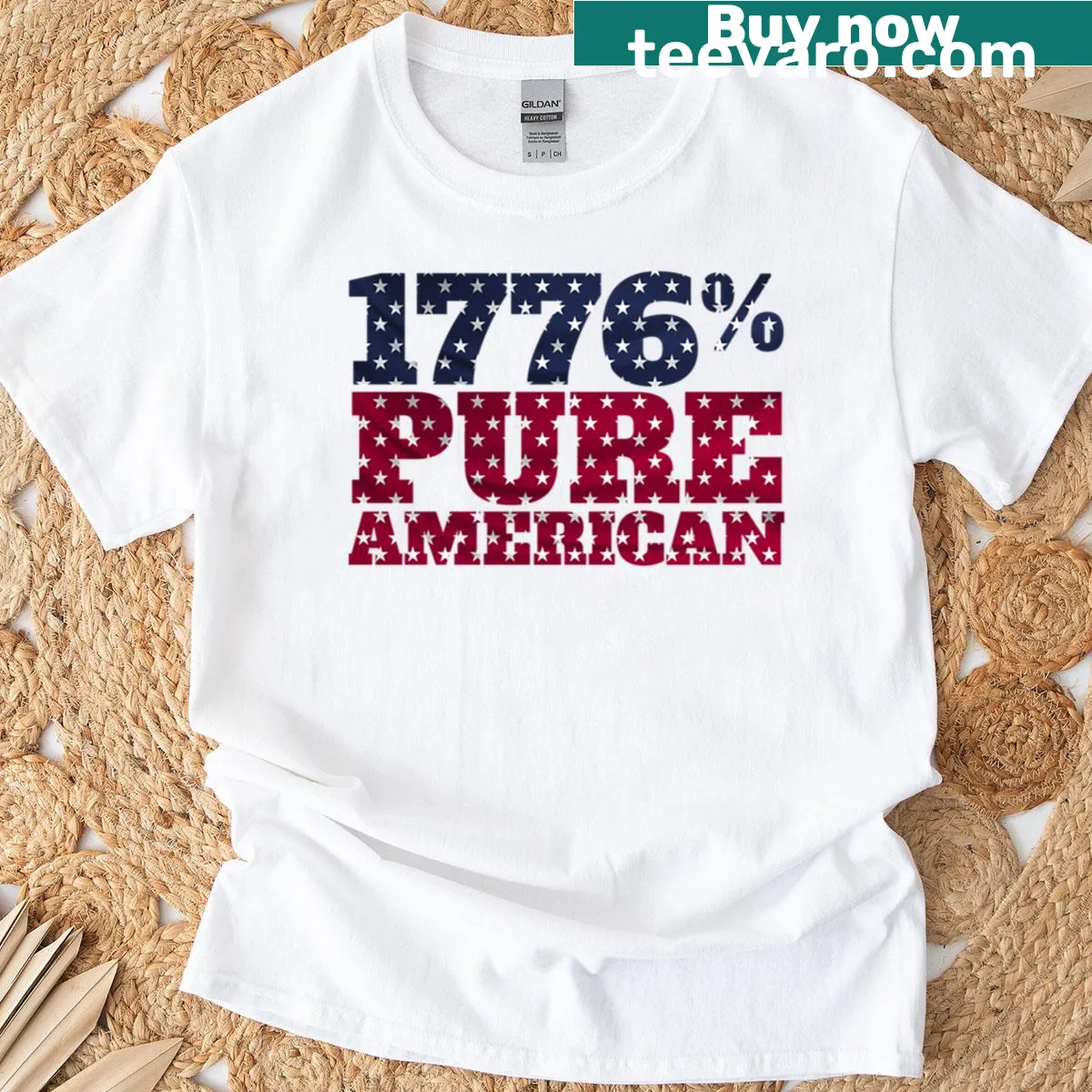 Oversized patriotic t-shirt with '1776 Pure American' text — on a men's t-shirt