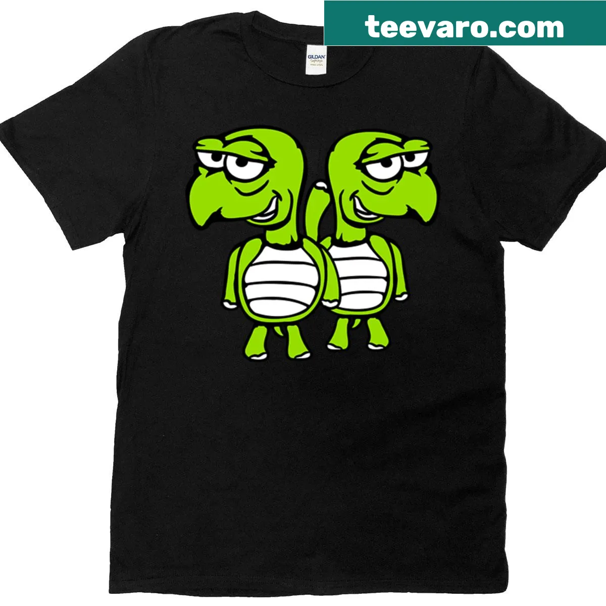 T-shirt with cartoon tortoises smiling together — on a men's t-shirt