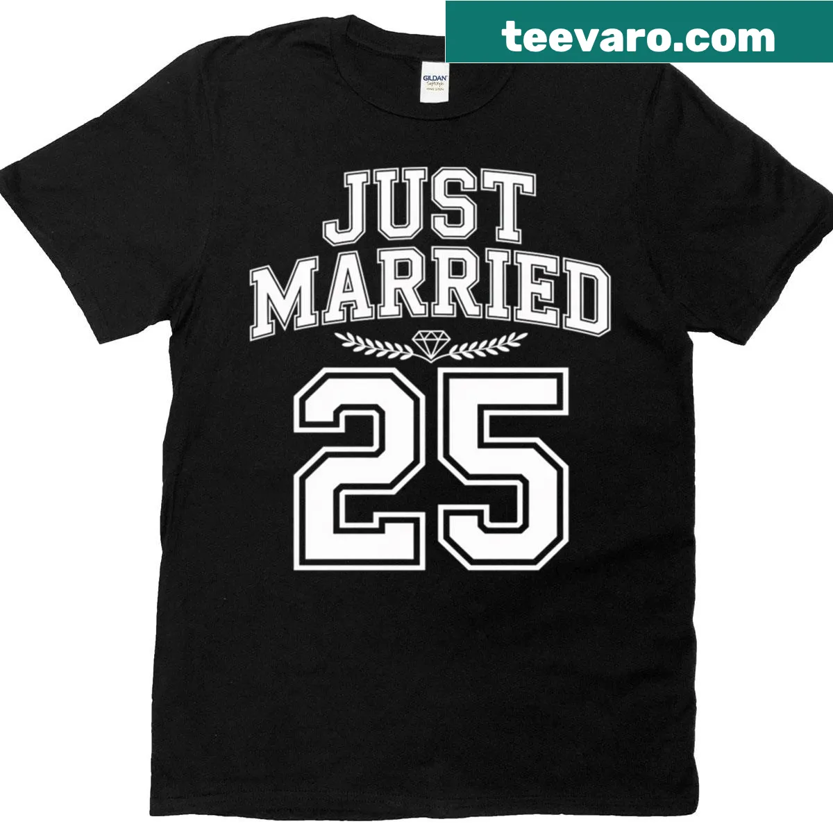 Matching Just Married t-shirts for newlywed couples — on a men's t-shirt