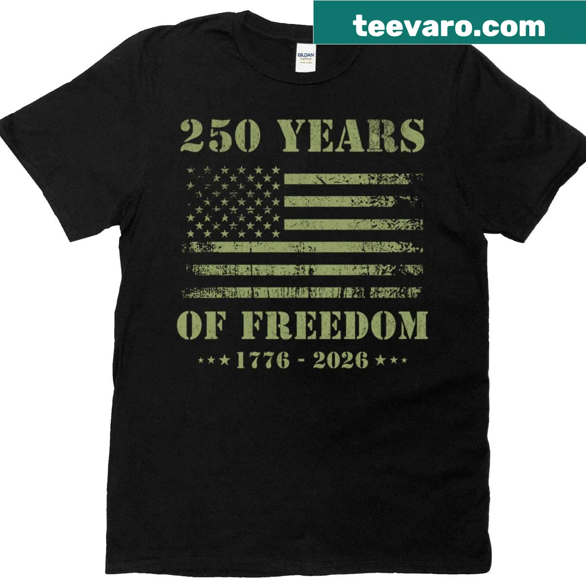 Grunge design USA flag T-shirt commemorating 250 years of America — on a men's t-shirt