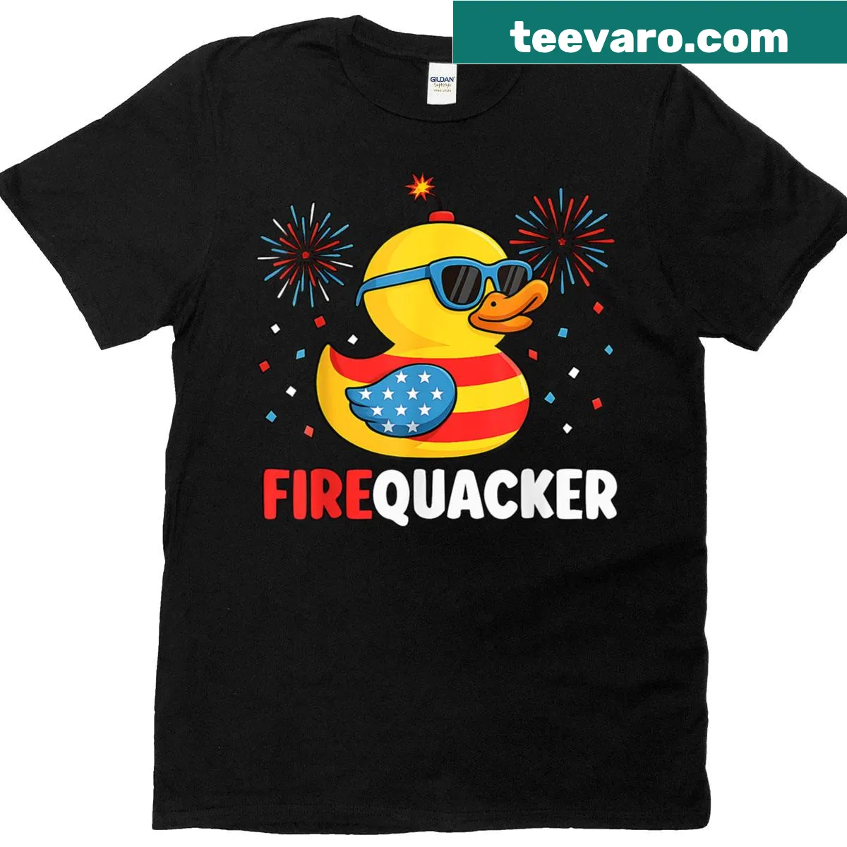 Funny graphic of a duck with a firecracker for July 4th — on a men's t-shirt