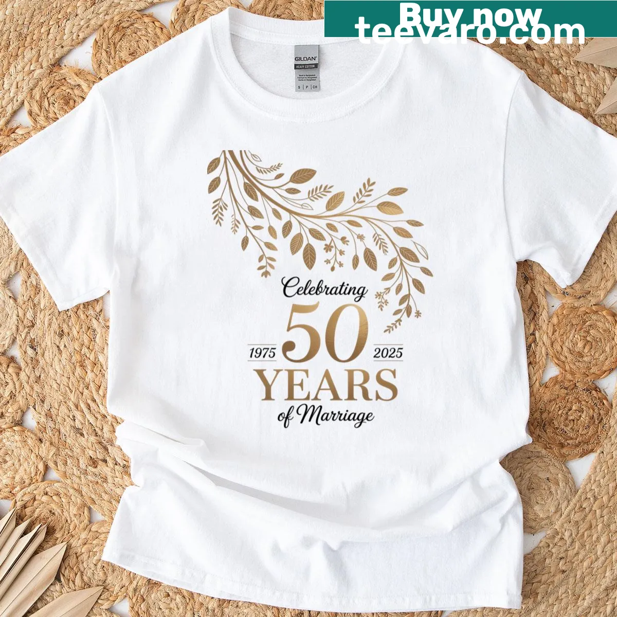 T-shirt celebrating 50 years of marriage with '50 Years Of Marriage 1975' text — on a men's t-shirt