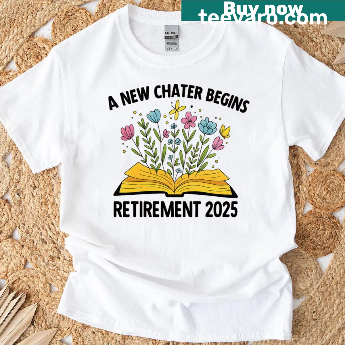 Floral design celebrating retirement with 'A New Chapter Begins' text — on a men's t-shirt