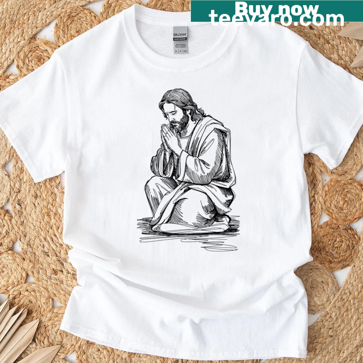 Minimalist T-shirt with abstract Jesus design and white notch — on a men's t-shirt