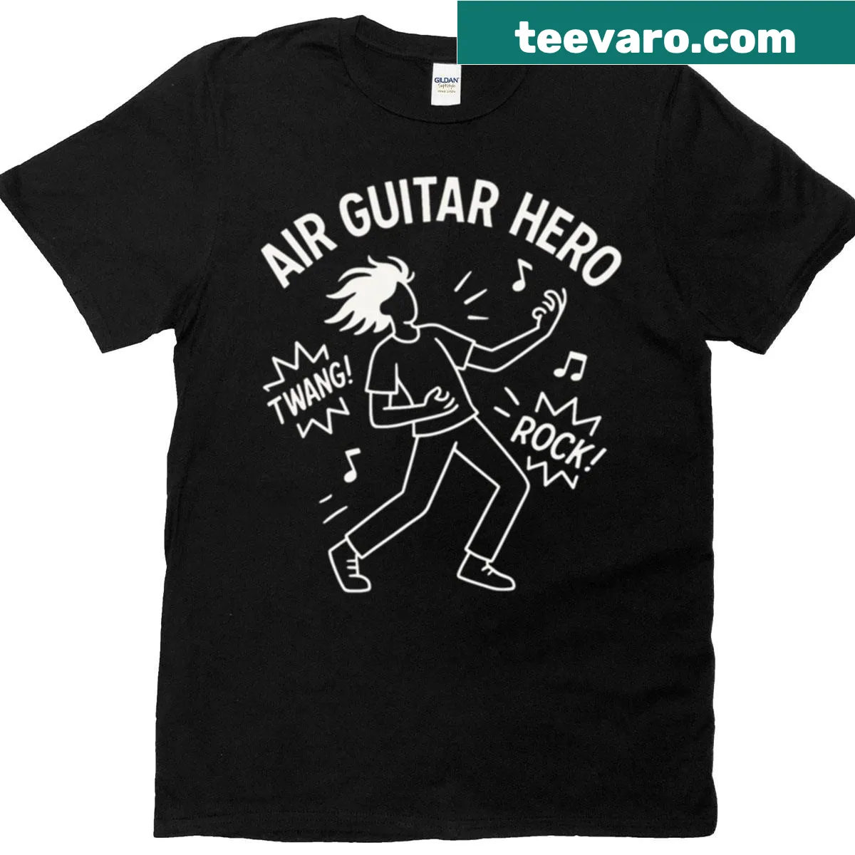 Minimalist air guitar graphic T-shirt for music lovers — on a men's t-shirt