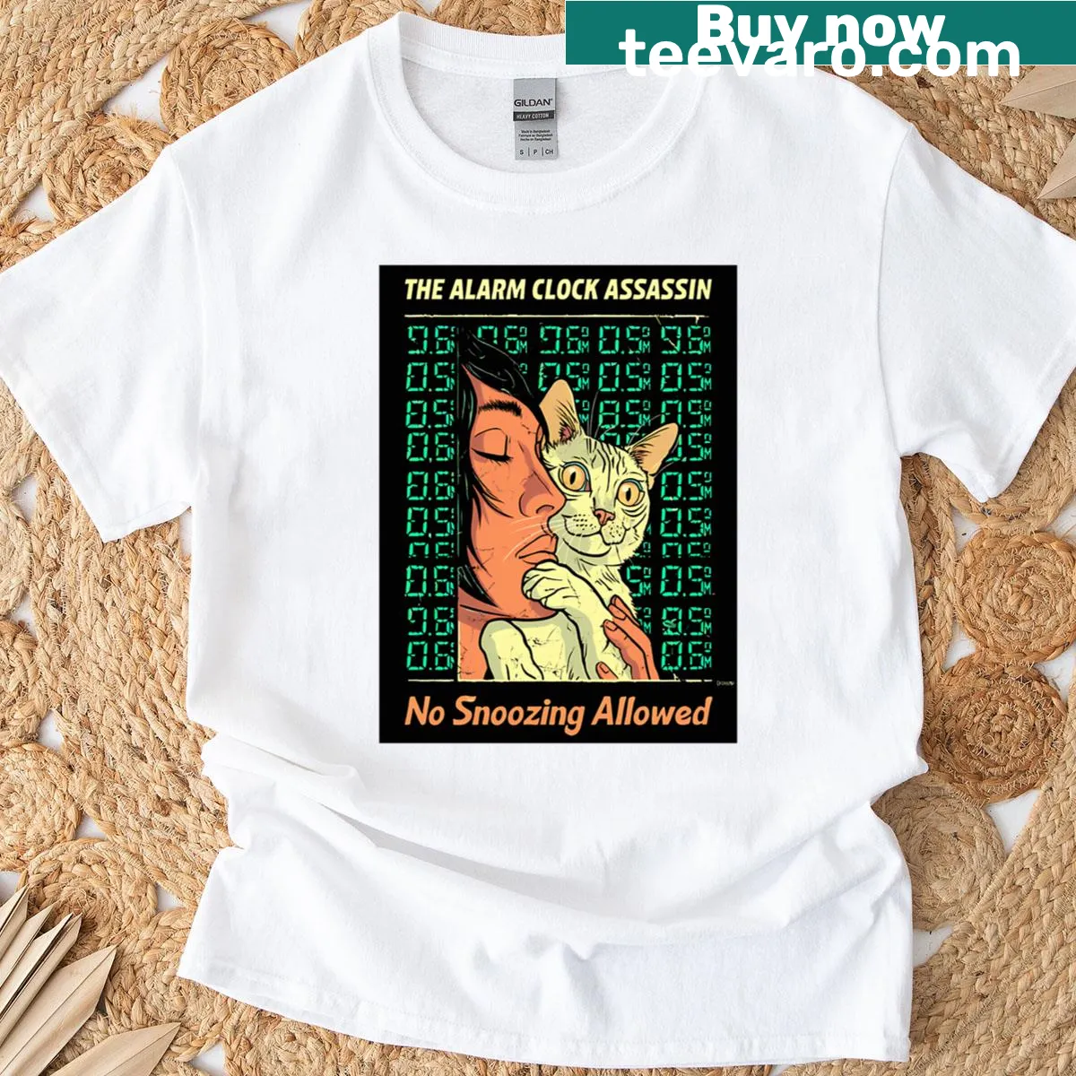 Funny T-shirt featuring a Singapura cat and 'Alarm Clock Assassin' text — on a men's t-shirt