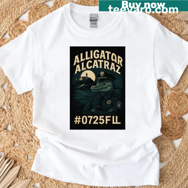 Whimsical alligator illustration on Alcatraz Island t-shirt
