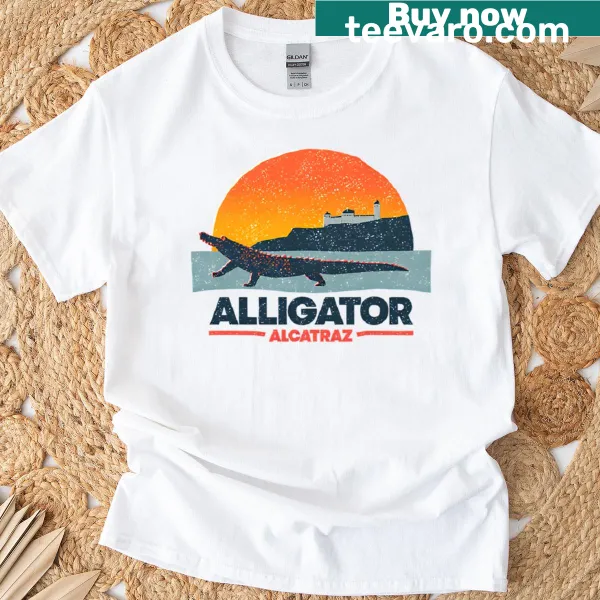 Playful alligator design T-shirt themed around sunset escape