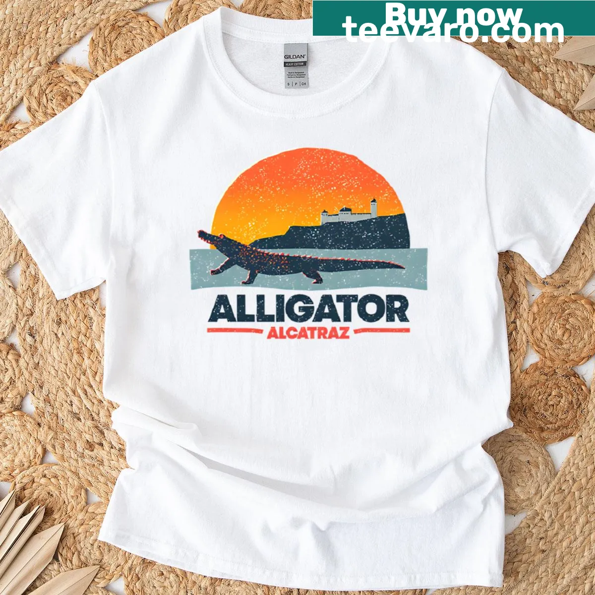 Playful alligator design T-shirt themed around sunset escape — on a men's t-shirt