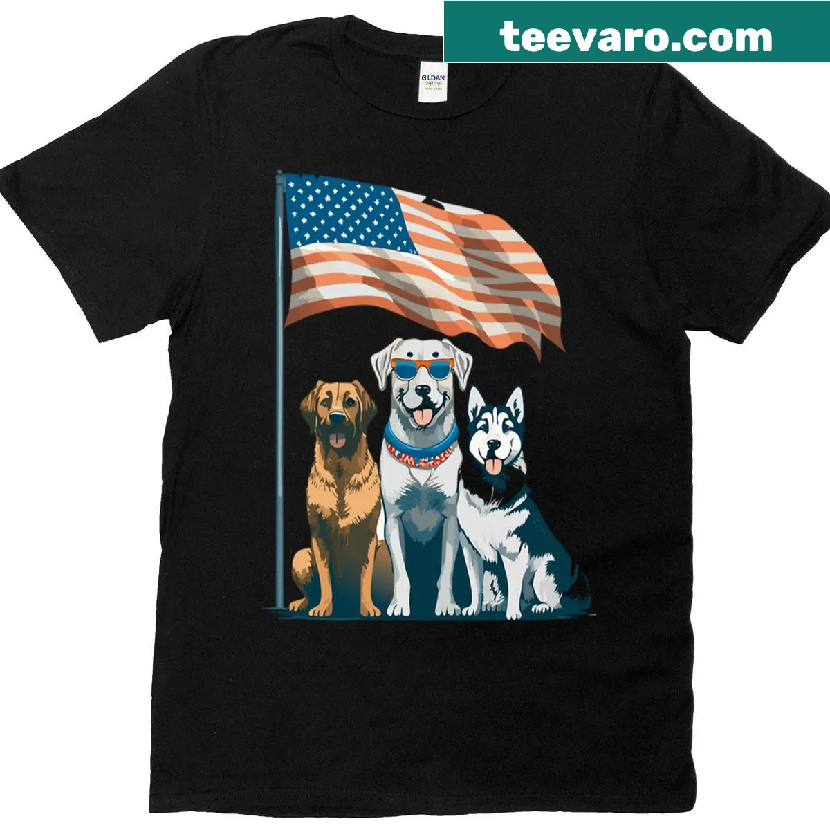 American flag design featuring dog elements for Fourth of July — on a men's t-shirt