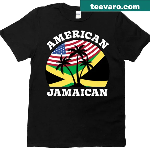 T-shirt with USA and Jamaica flags, celebrating cultural heritage.