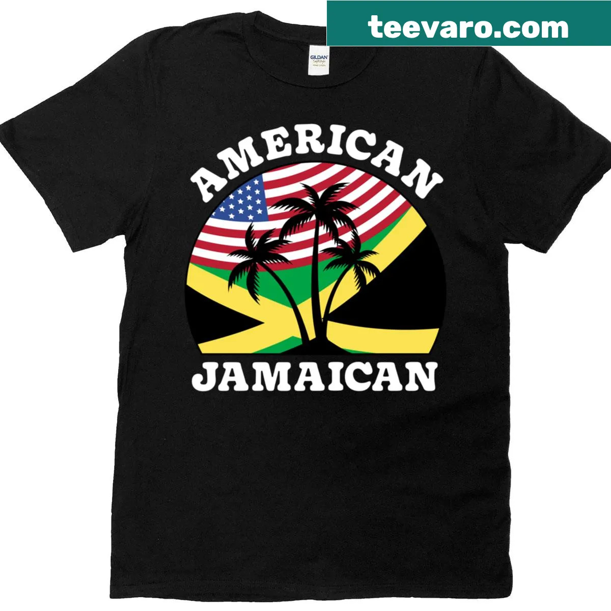 T-shirt with USA and Jamaica flags, celebrating cultural heritage. — on a men's t-shirt