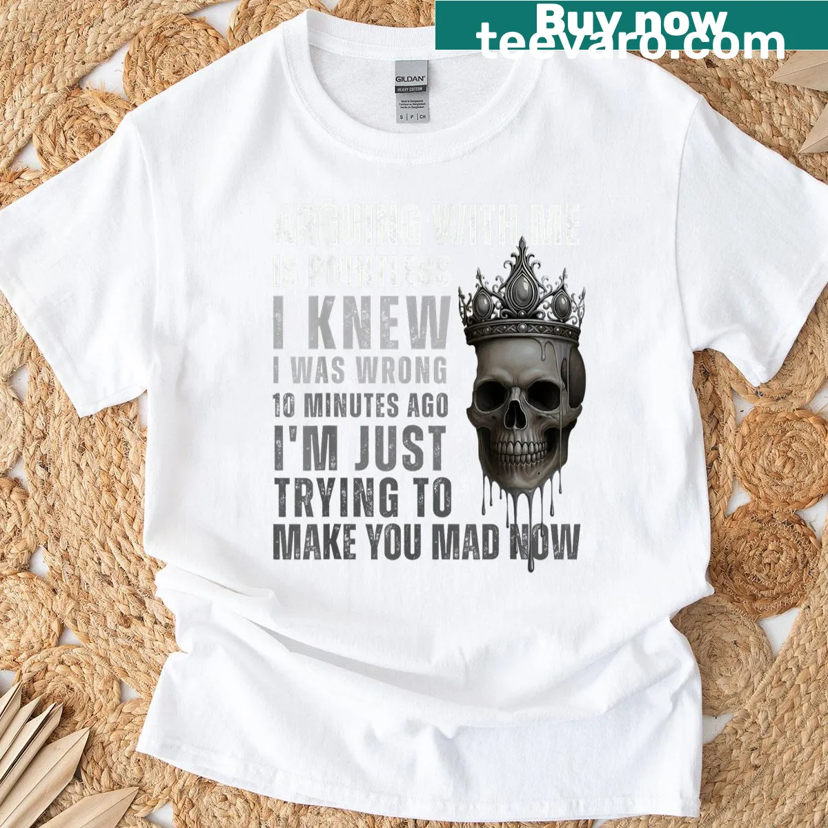T-shirt featuring humorous text about arguing and admitting fault — on a men's t-shirt
