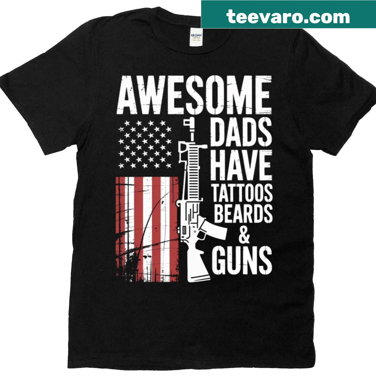Funny T-shirt for dads featuring tattoos, beards, and guns — on a men's t-shirt