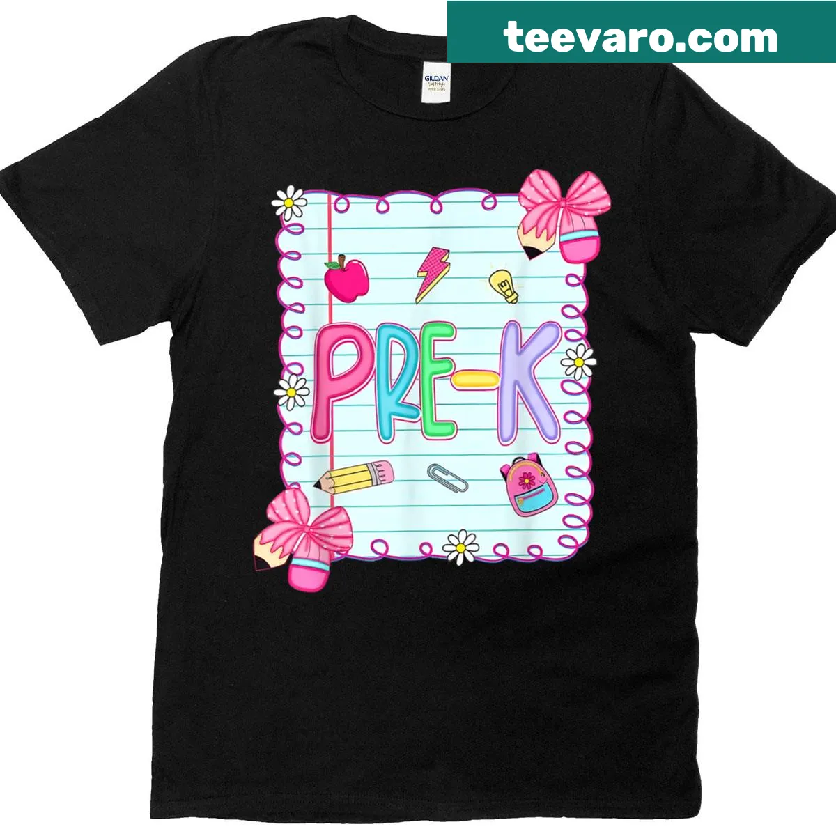 Illustrated T-shirt with a pencil and bow design for teachers. — on a men's t-shirt