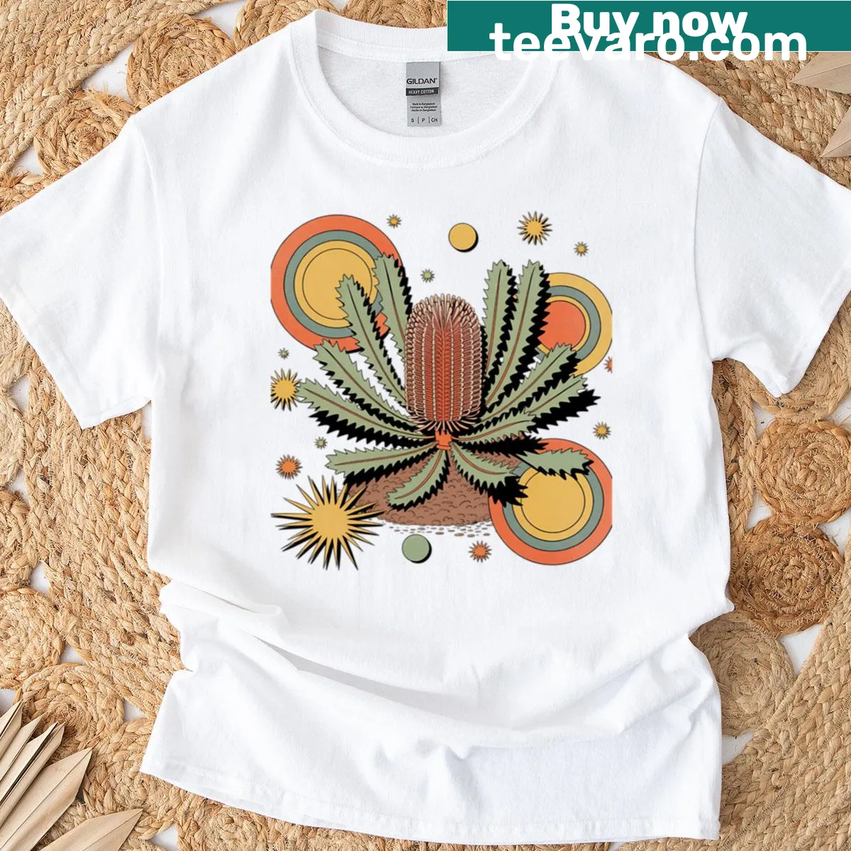 Retro shirt featuring artistic Banksia Grandis design — on a men's t-shirt