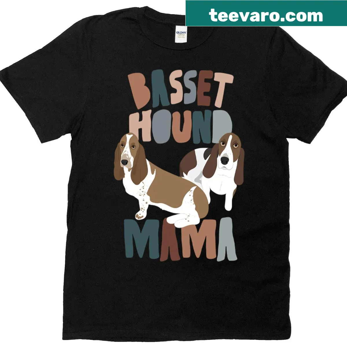 Illustrated Basset Hound with 'Mom' text on a t-shirt — on a men's t-shirt
