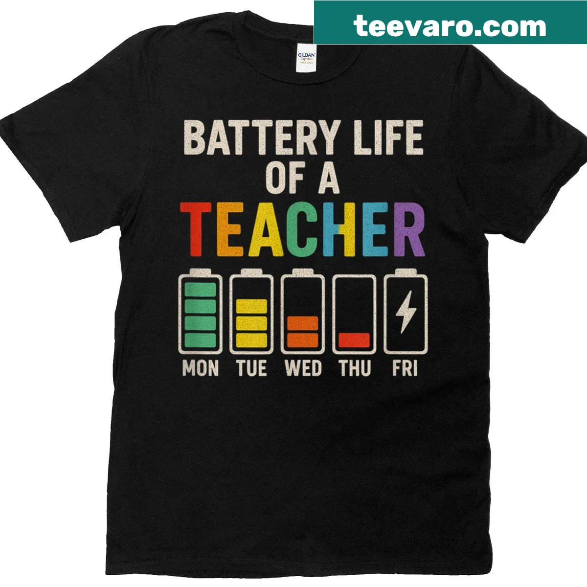 Funny teacher t-shirt with battery life graphic and humorous text — on a men's t-shirt