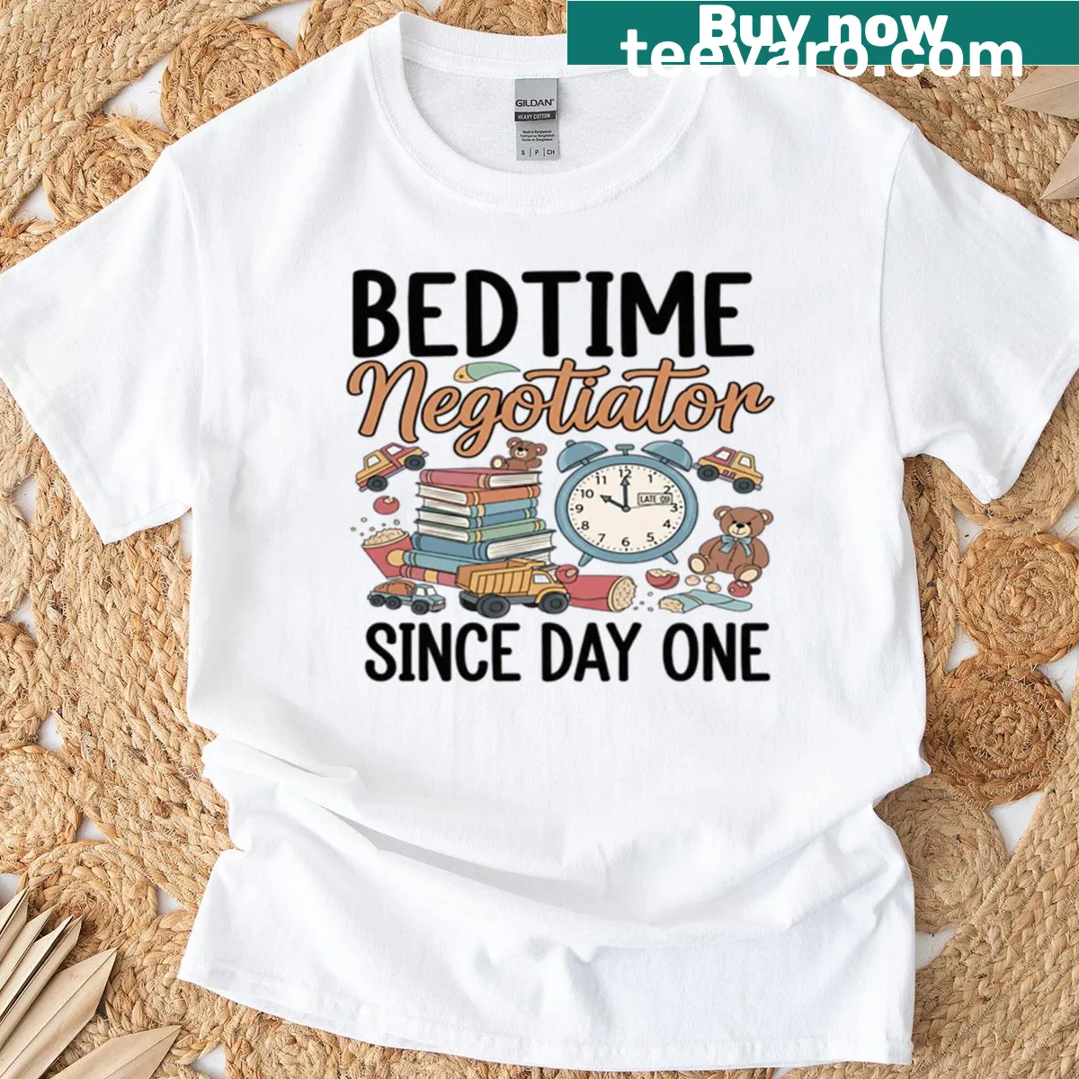 Humorous Bedtime Negotiator T-shirt for parents — on a men's t-shirt