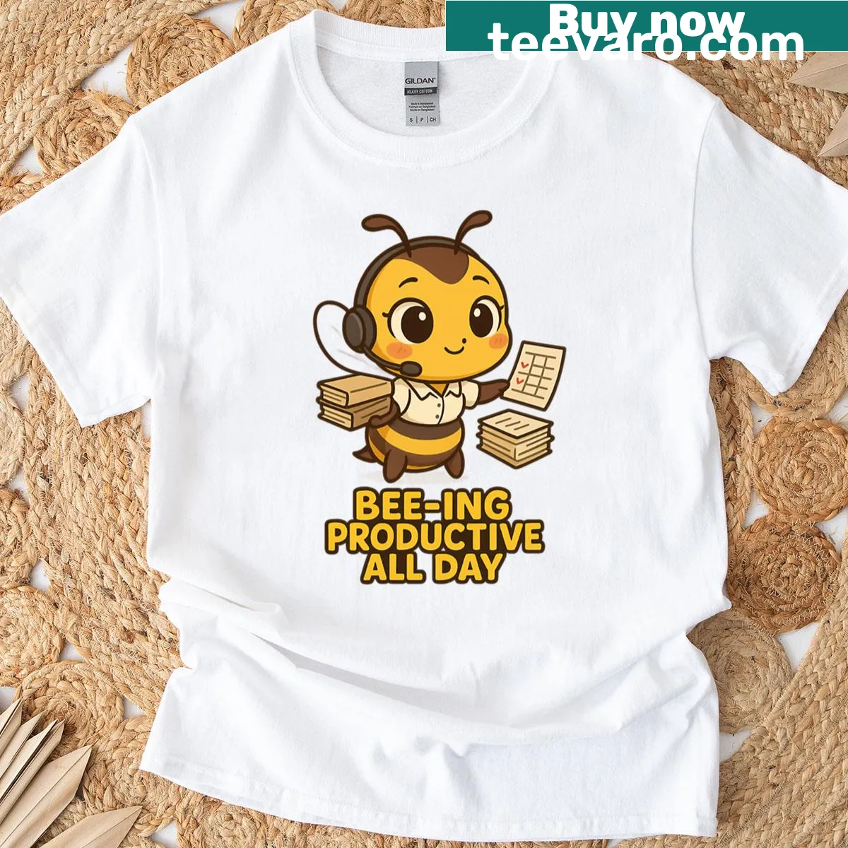 Humorous oversized T-shirt with chibi bees and productivity theme — on a men's t-shirt