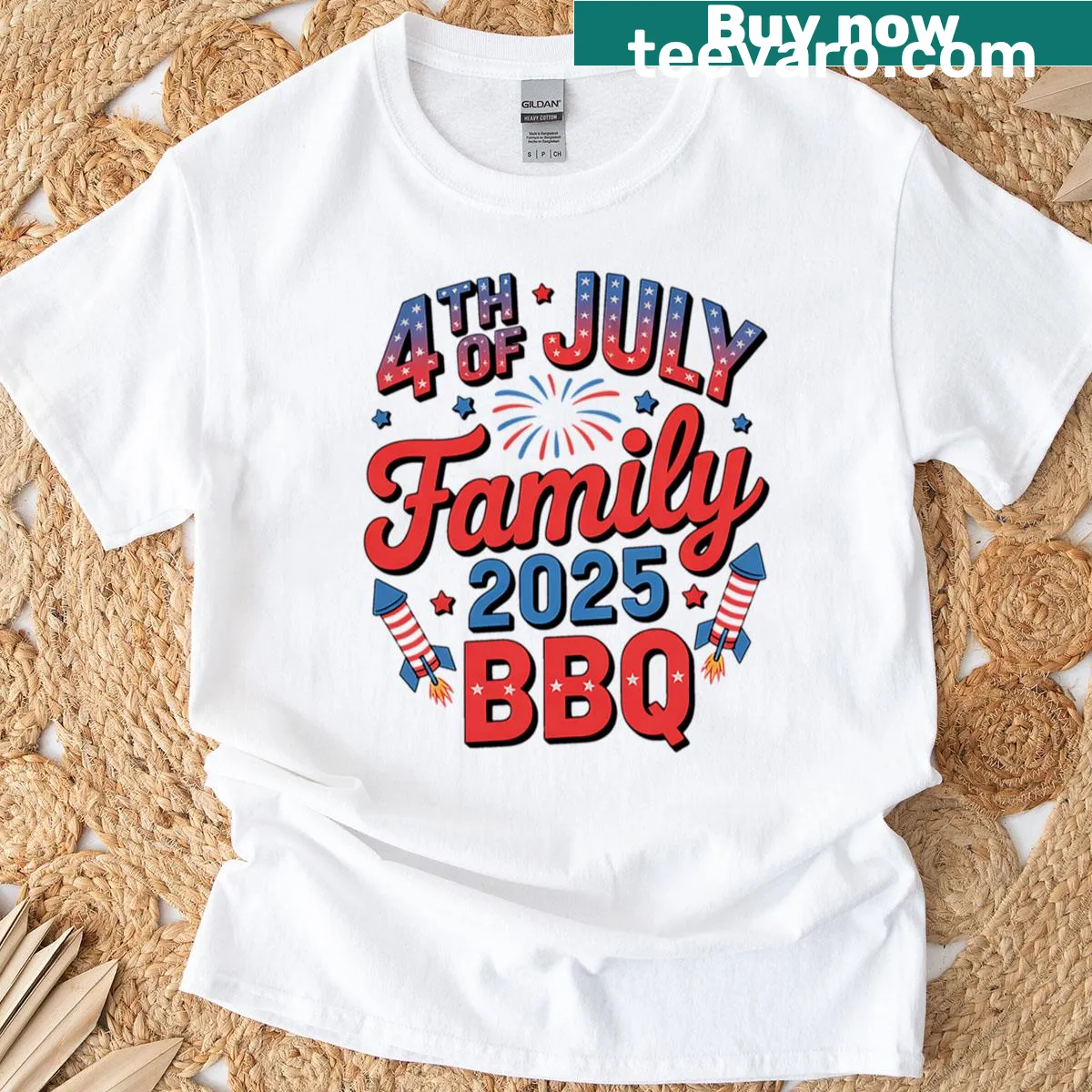 Oversized patriotic T-shirt with 'Red, White, and Brew' quote — on a men's t-shirt