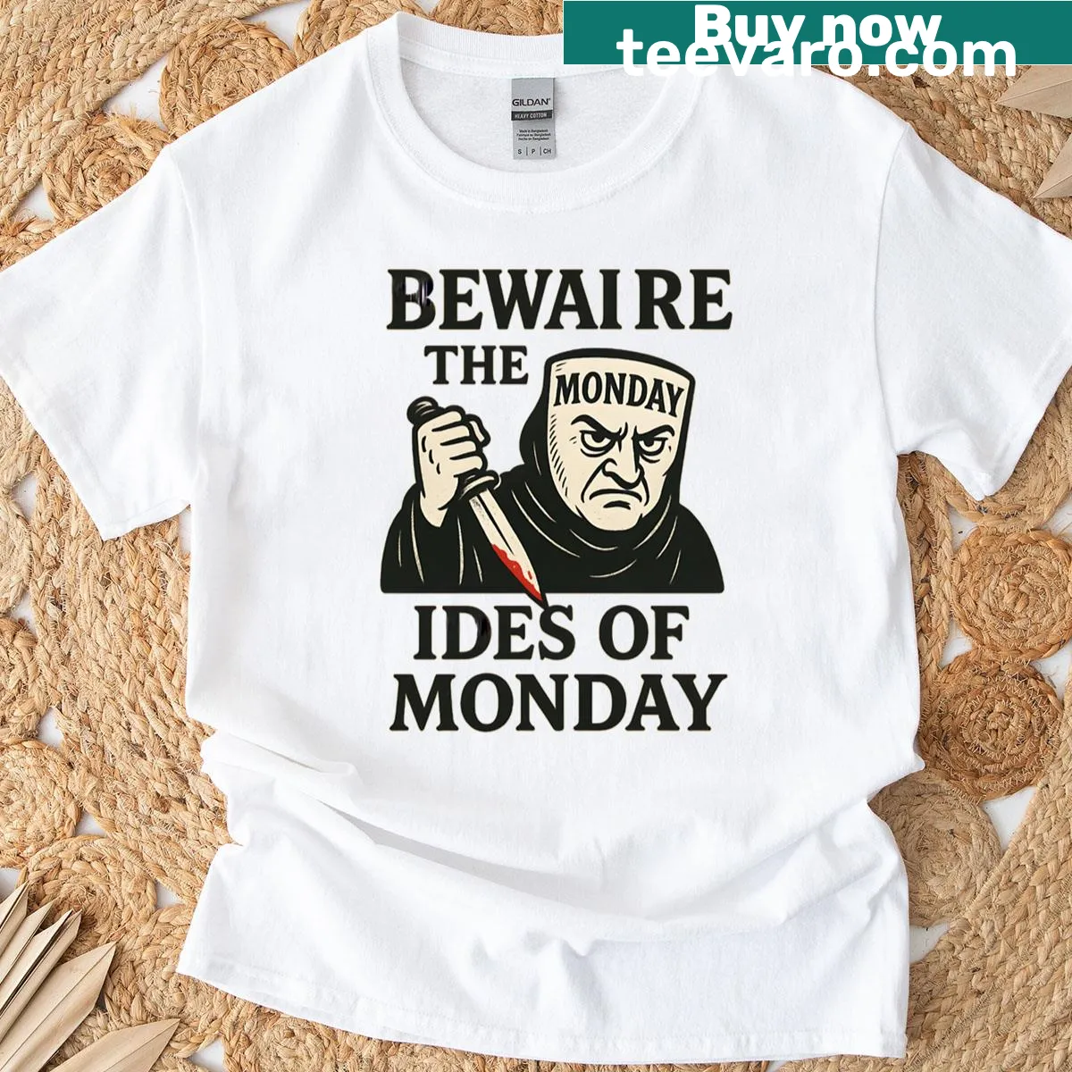 Funny T-shirt with the phrase 'Beware The Ides Of Monday' — on a men's t-shirt