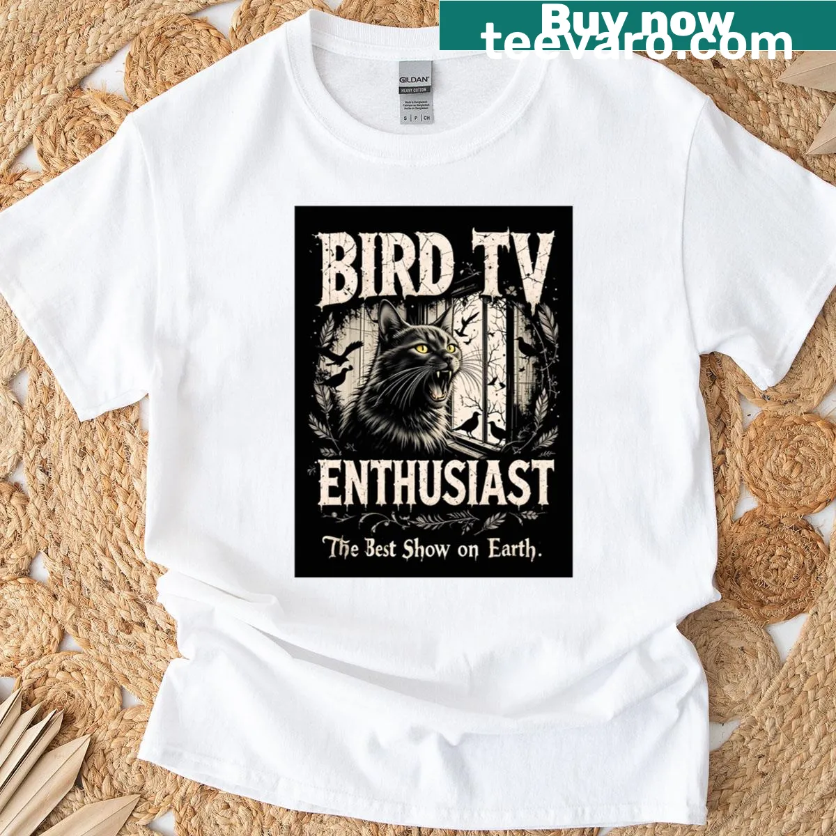 Funny T-shirt featuring a Lykoi cat as a 'Bird TV Enthusiast' — on a men's t-shirt
