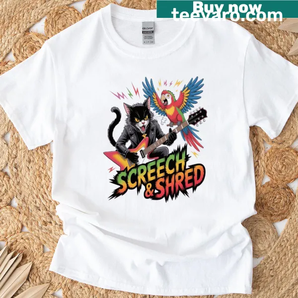 Illustration of a black cat and parrot playing guitar on a t-shirt.