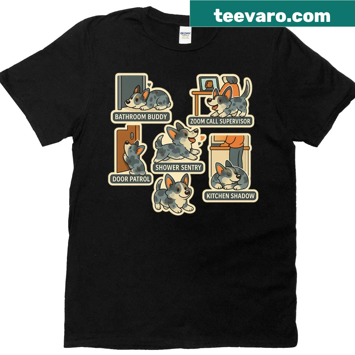 Oversized T-shirt with illustration of Blue Merle Cardigan Corgis — on a men's t-shirt