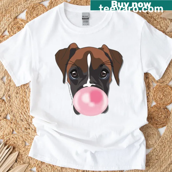 Illustration of a boxer dog blowing bubblegum on an oversized T-shirt.