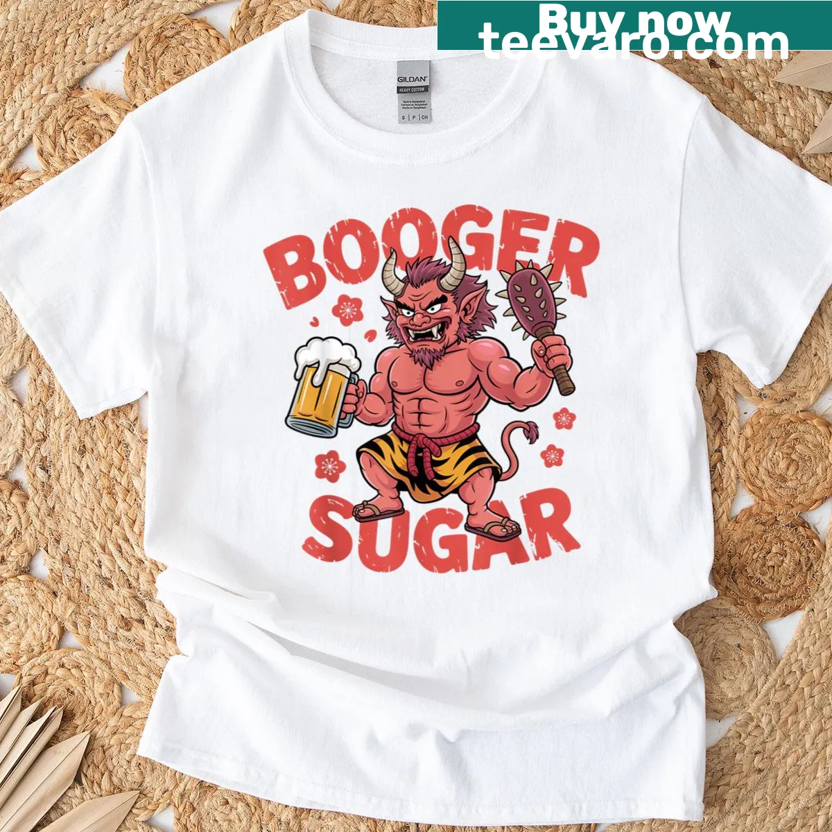 Funny t-shirt with a muscular oni and the phrase 'Booger Sugar' — on a men's t-shirt