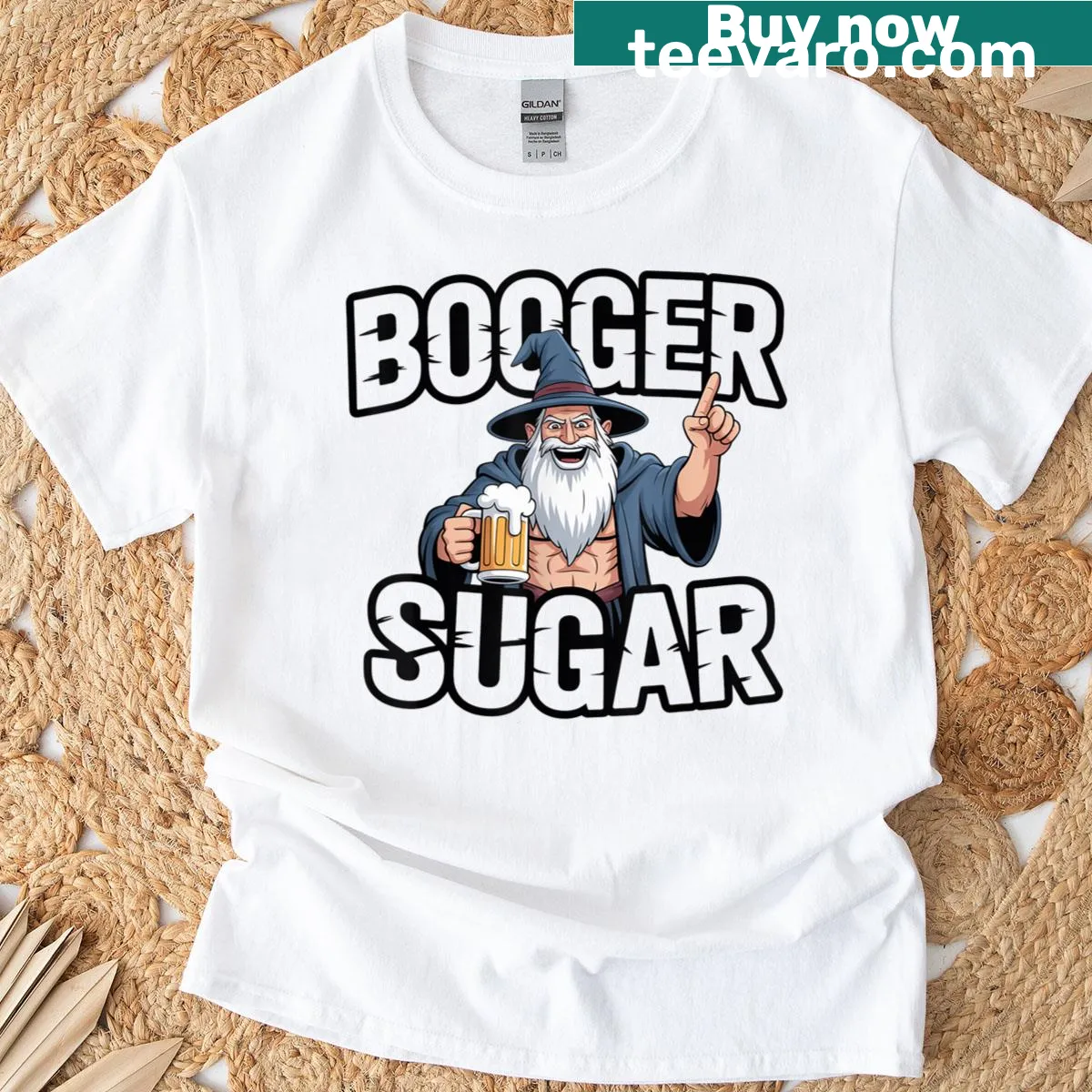 Funny muscular wizard design with a beer mug on a t-shirt — on a men's t-shirt