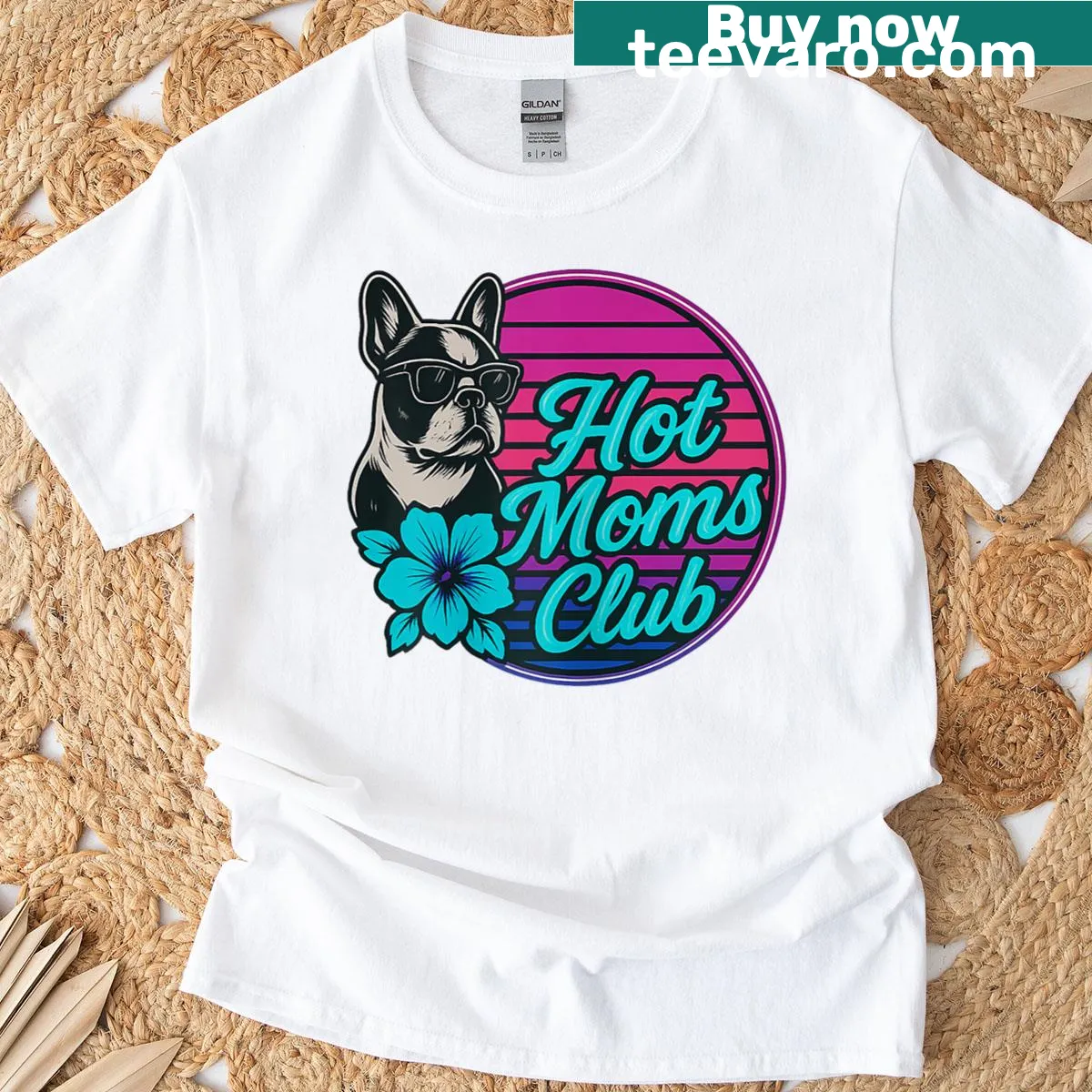 Trendy T-shirt featuring a Boston Terrier and Hot Moms Club graphic — on a men's t-shirt
