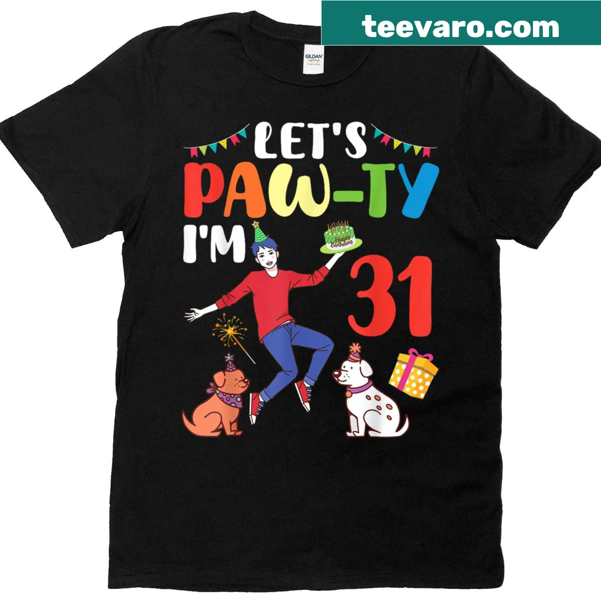 Fun illustration T-shirt for dog dad's 31st birthday with playful text. — on a men's t-shirt