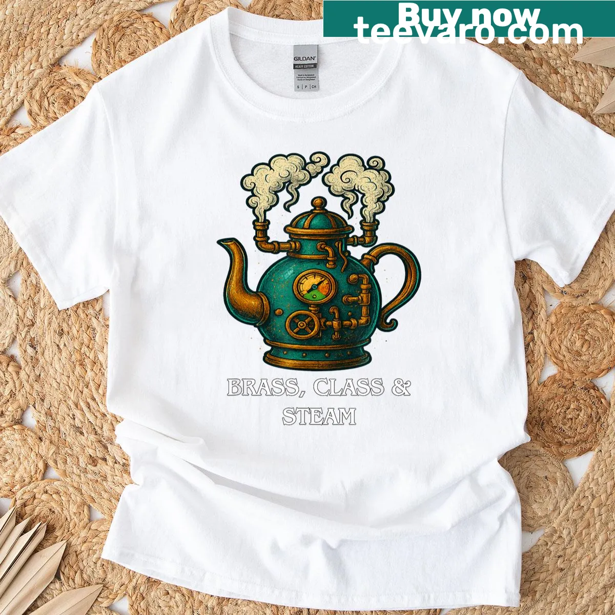 Steampunk kettle design t-shirt with retro aesthetic — on a men's t-shirt