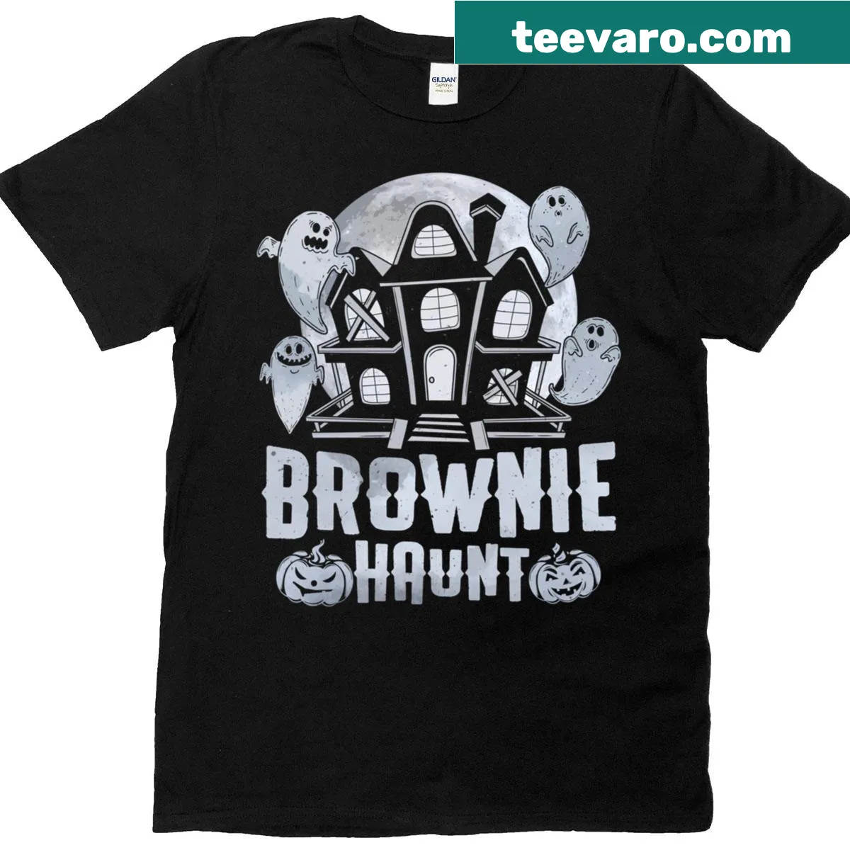 Whimsical ghost baker illustration on a Halloween-themed T-shirt. — on a men's t-shirt