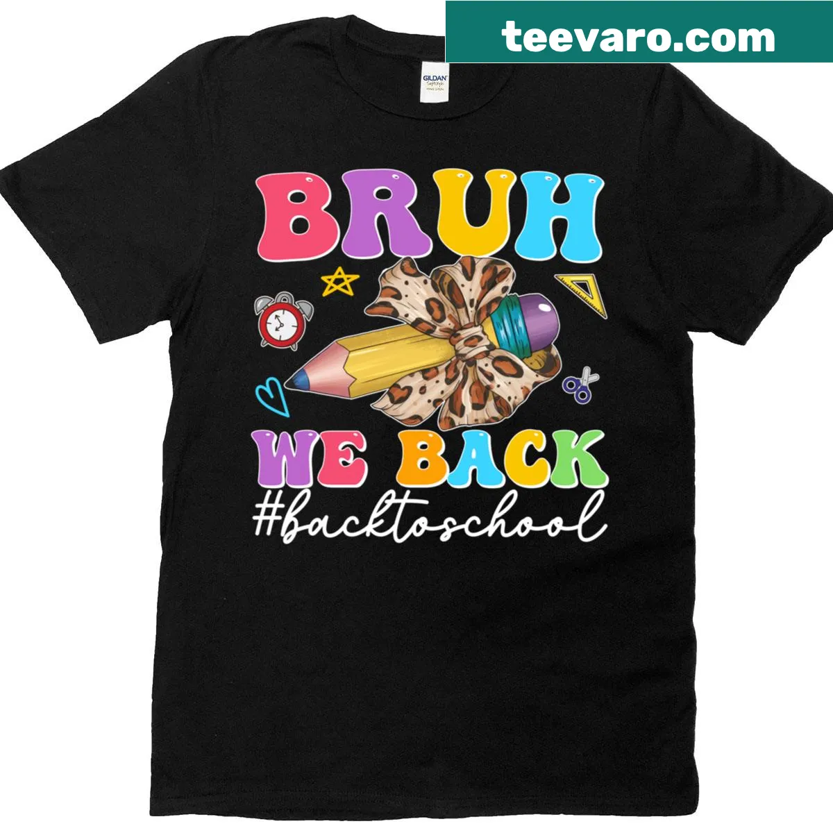 Funny first day school tee with pencil bow and 'Bruh We Back' — on a men's t-shirt